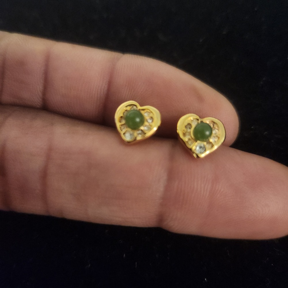 Gold Tone Heart Shape Stud Earrings Green Gemstone Clear‎ Accent Stones